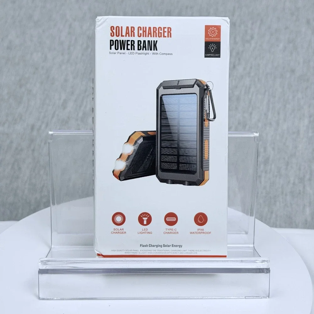 Solar Charger Power Bank Portable LED Flashlight Compass IPX6 Waterproof Orange